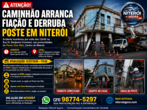Caminhão arranca fiação e derruba poste no Centro de Niterói; trânsito segue complicado no fim da tarde.